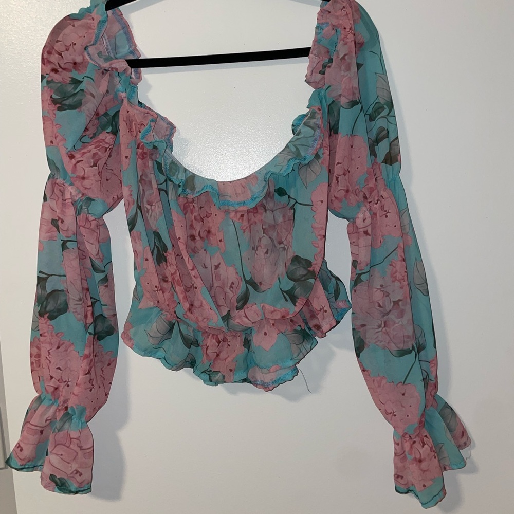 Floral sheer off the shoulder top.